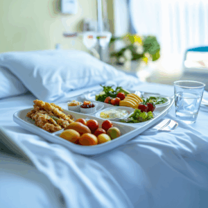 auf einem Klinikbett steht ein Tablett mit frischen Lebensmitteln