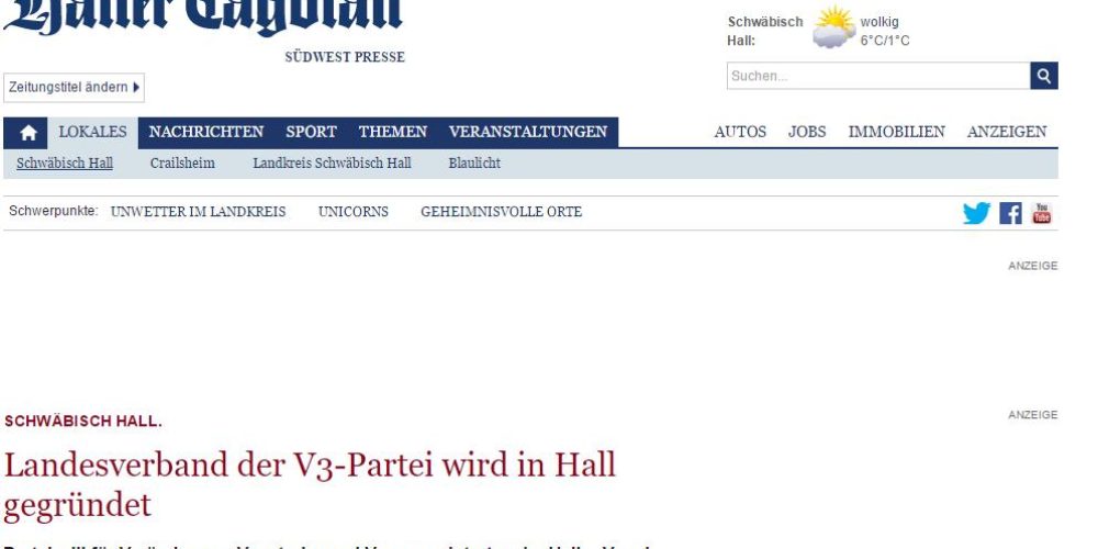 Landesverband der V3-Partei wird in Hall gegründet